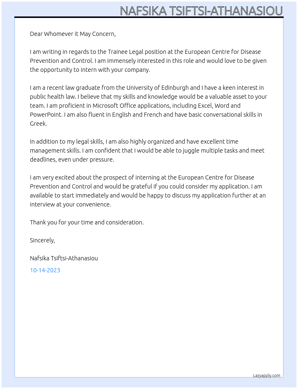 Trainee Legal At European Centre for Disease Prevention and Control Cover Letter