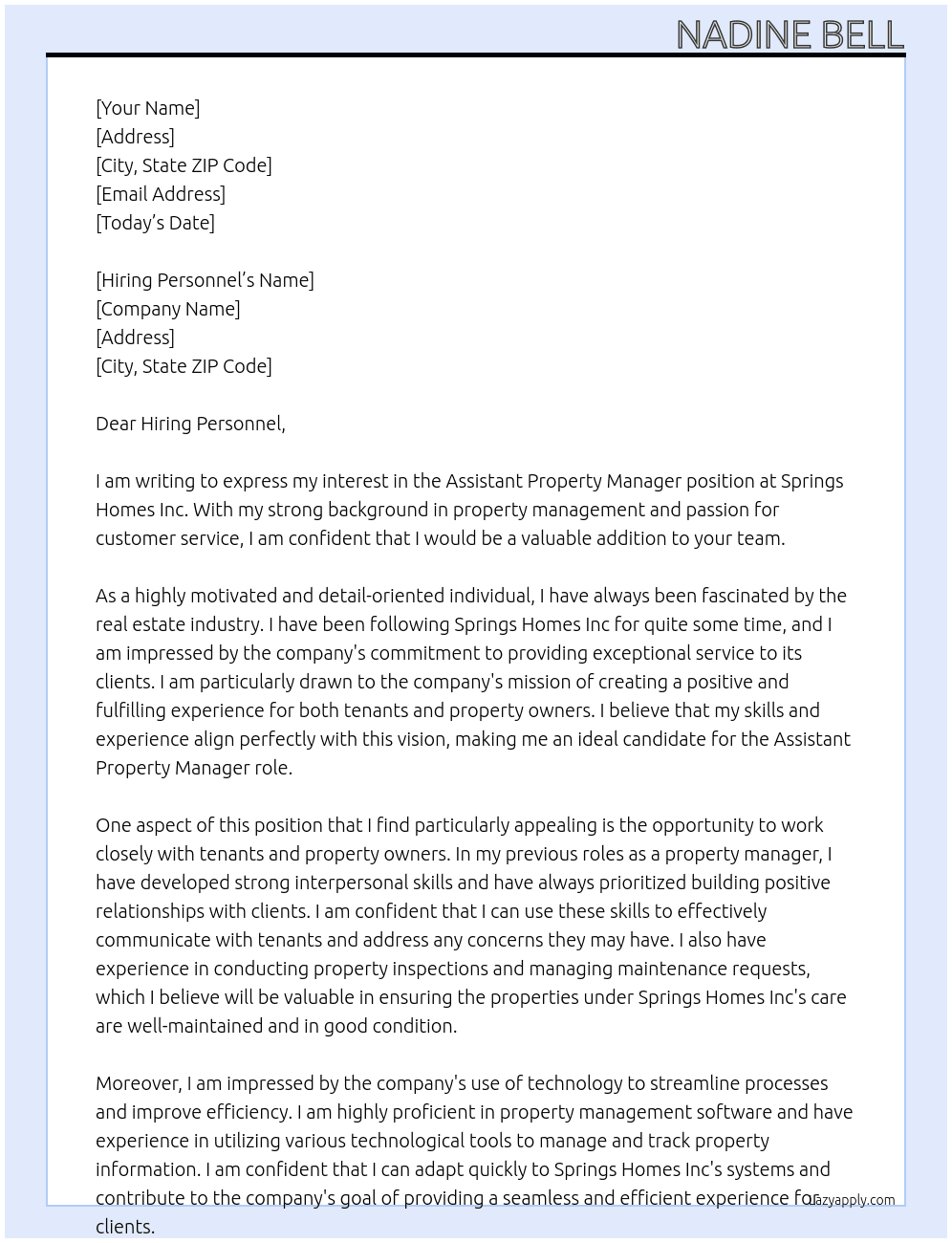 Assistant property manager At Springs Homes Inc Cover Letter