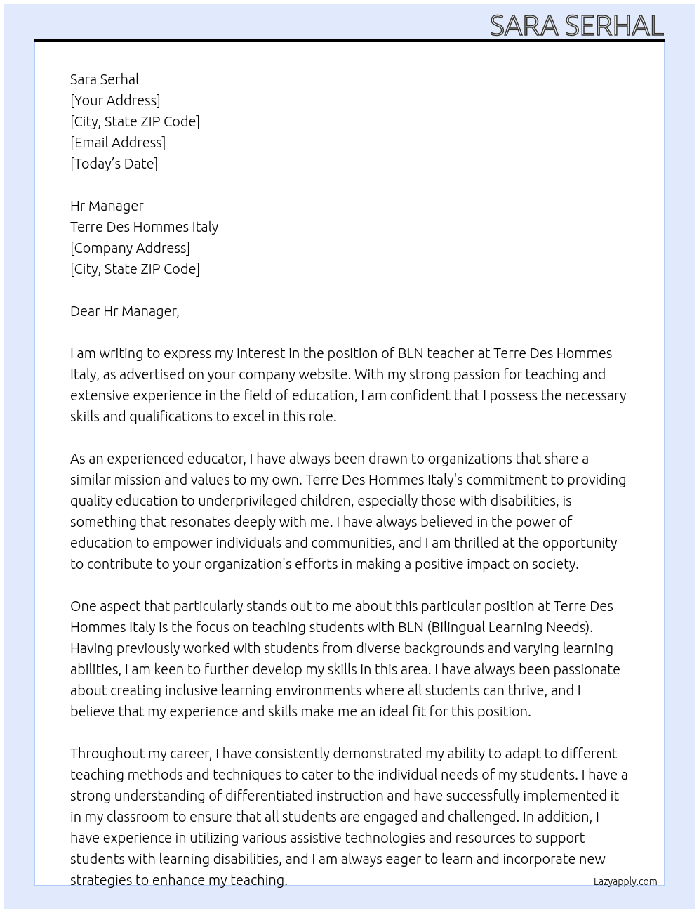 BLN teacher  At Terre Des Hommes Italy Cover Letter