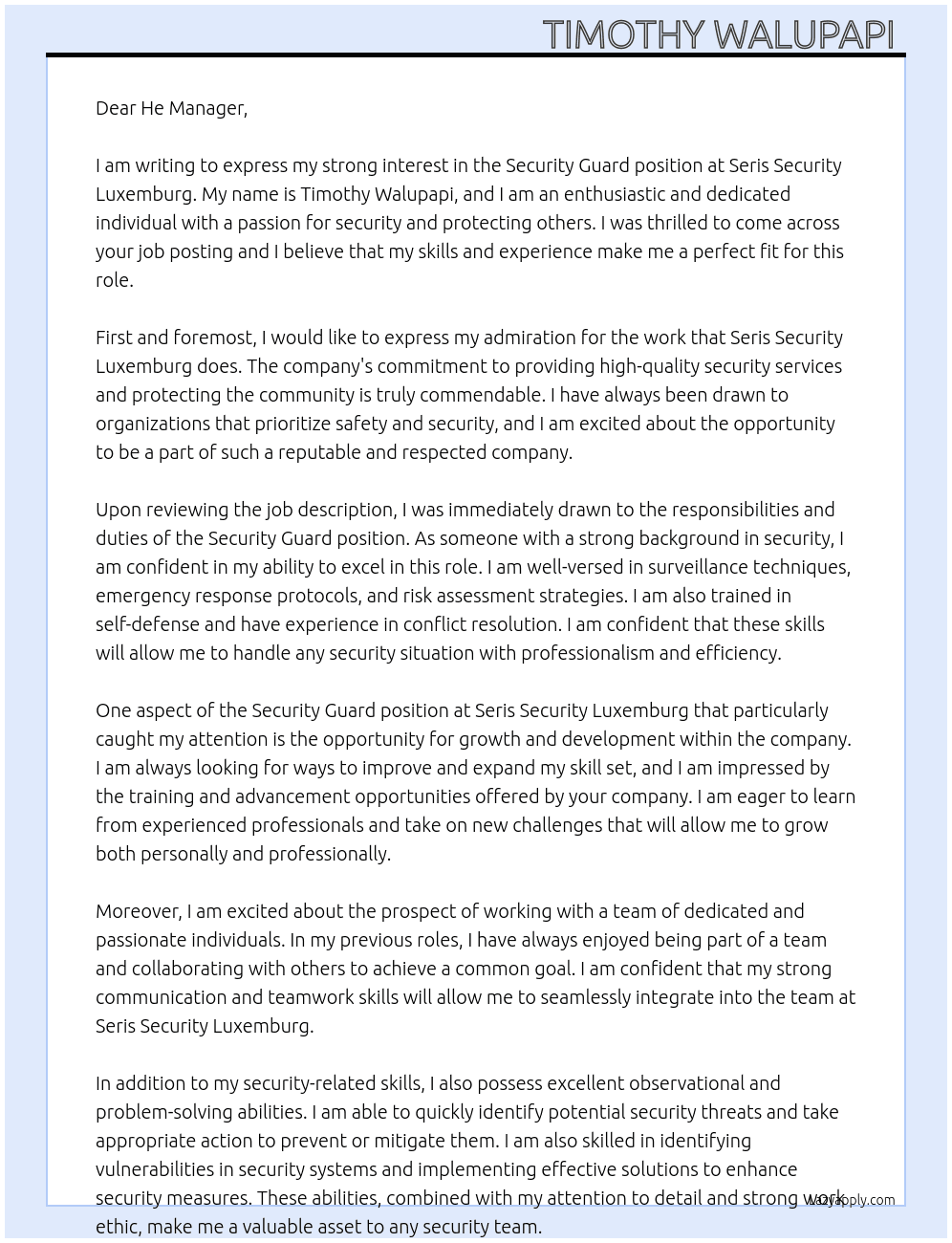Security guard  At Seris security luxemburg  Cover Letter