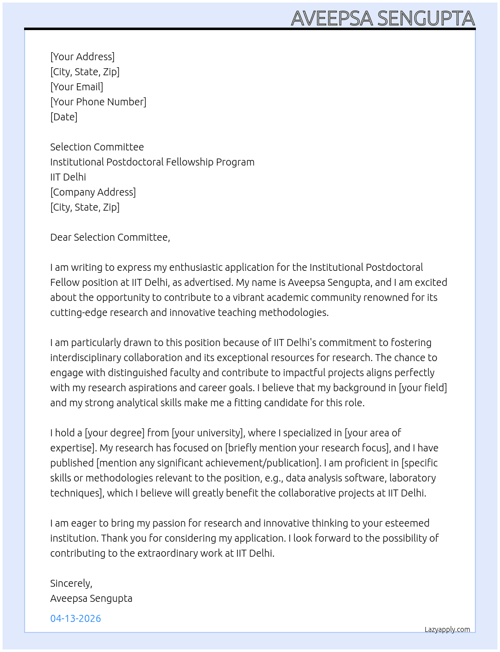 Cover letter for institutional postdoctoral fellow - LazyApply