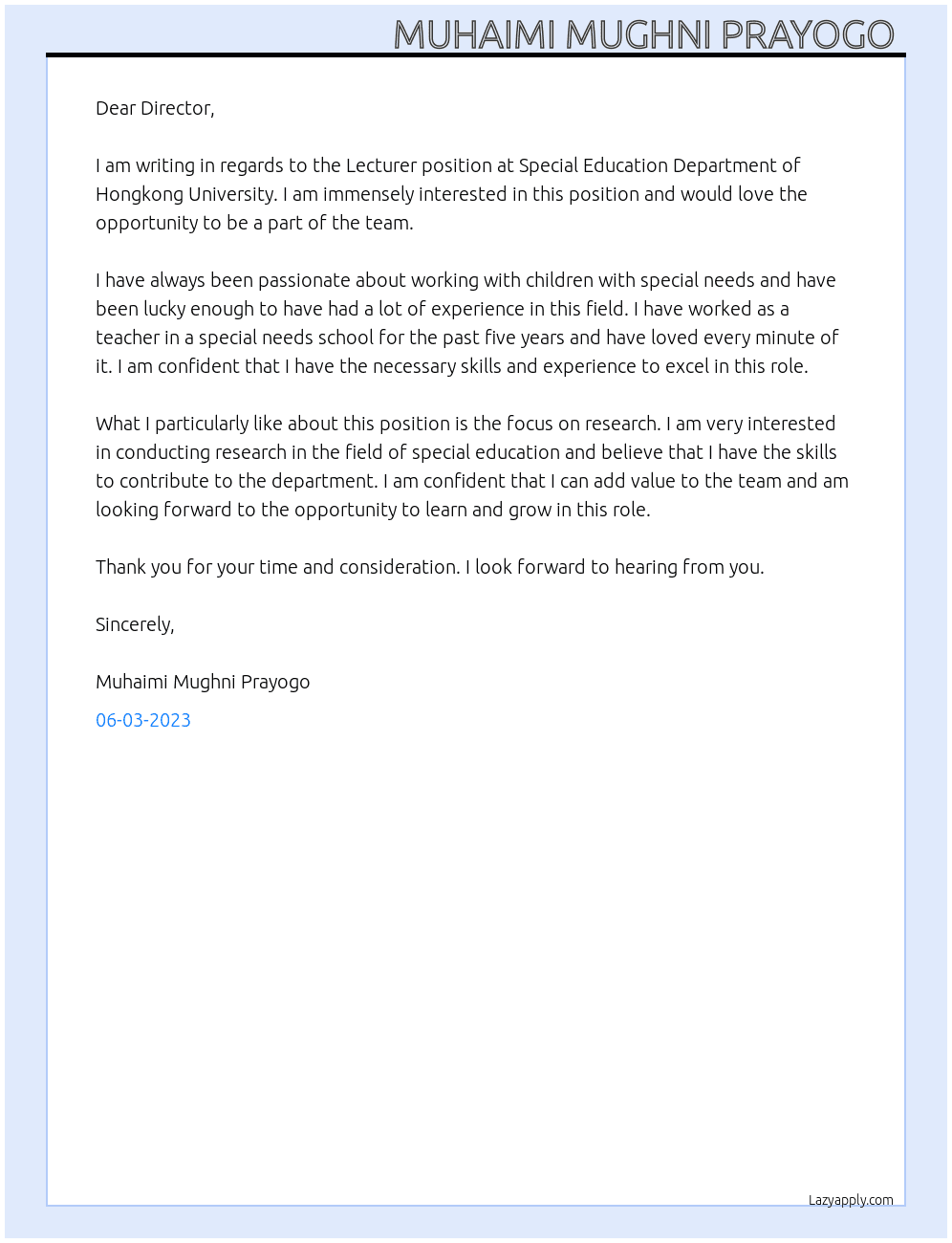 Lecturer At Special Education Department of Hongkong University  Cover Letter