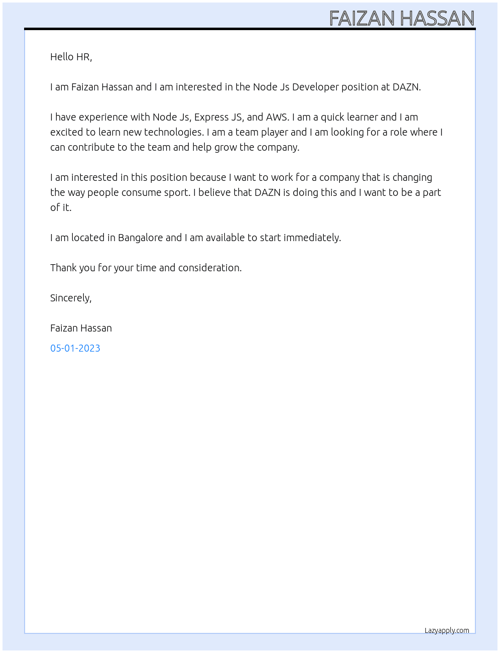 Node Js Developer At DAZN Cover Letter