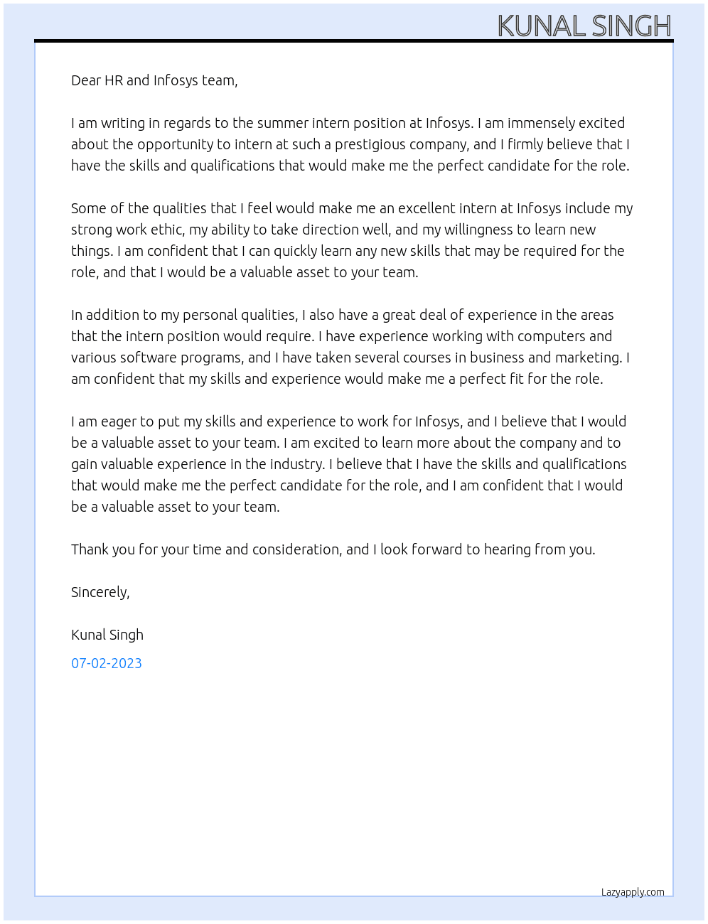 Summer intern At Infosys  Cover Letter