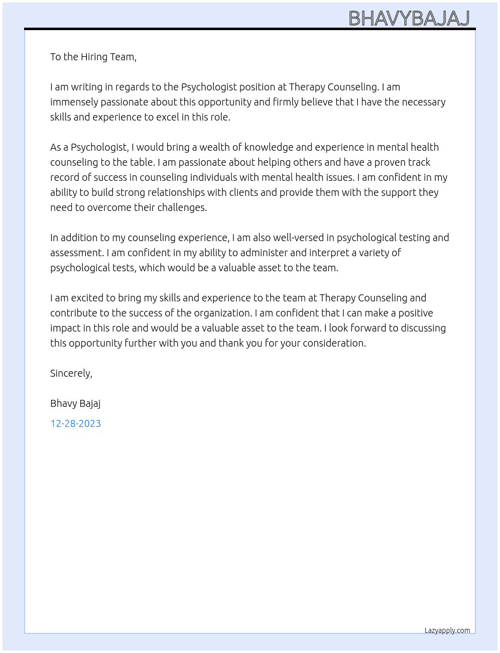 Psychologist  At Therapy counseling  Cover Letter
