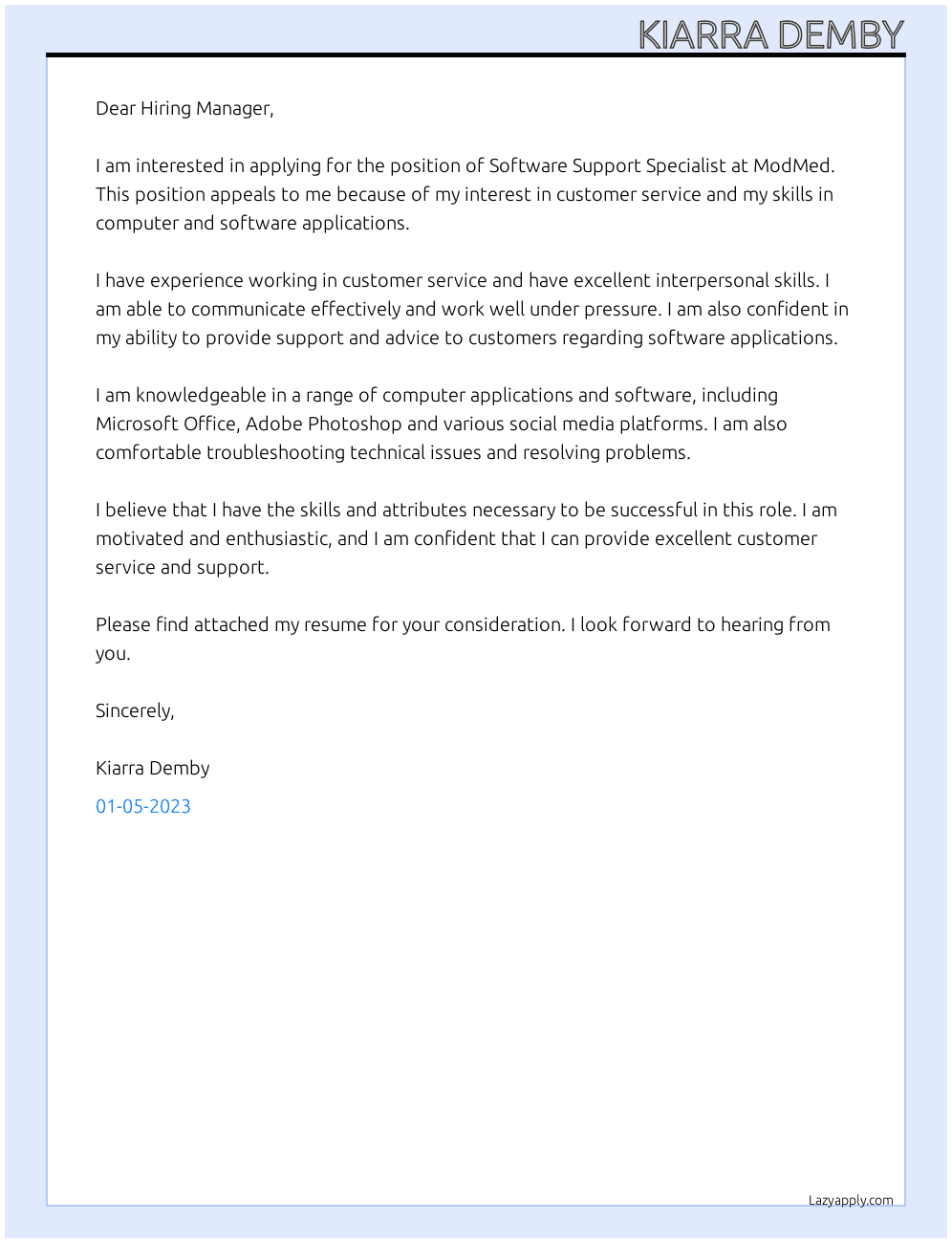 Software Support Specialist At ModMed Cover Letter
