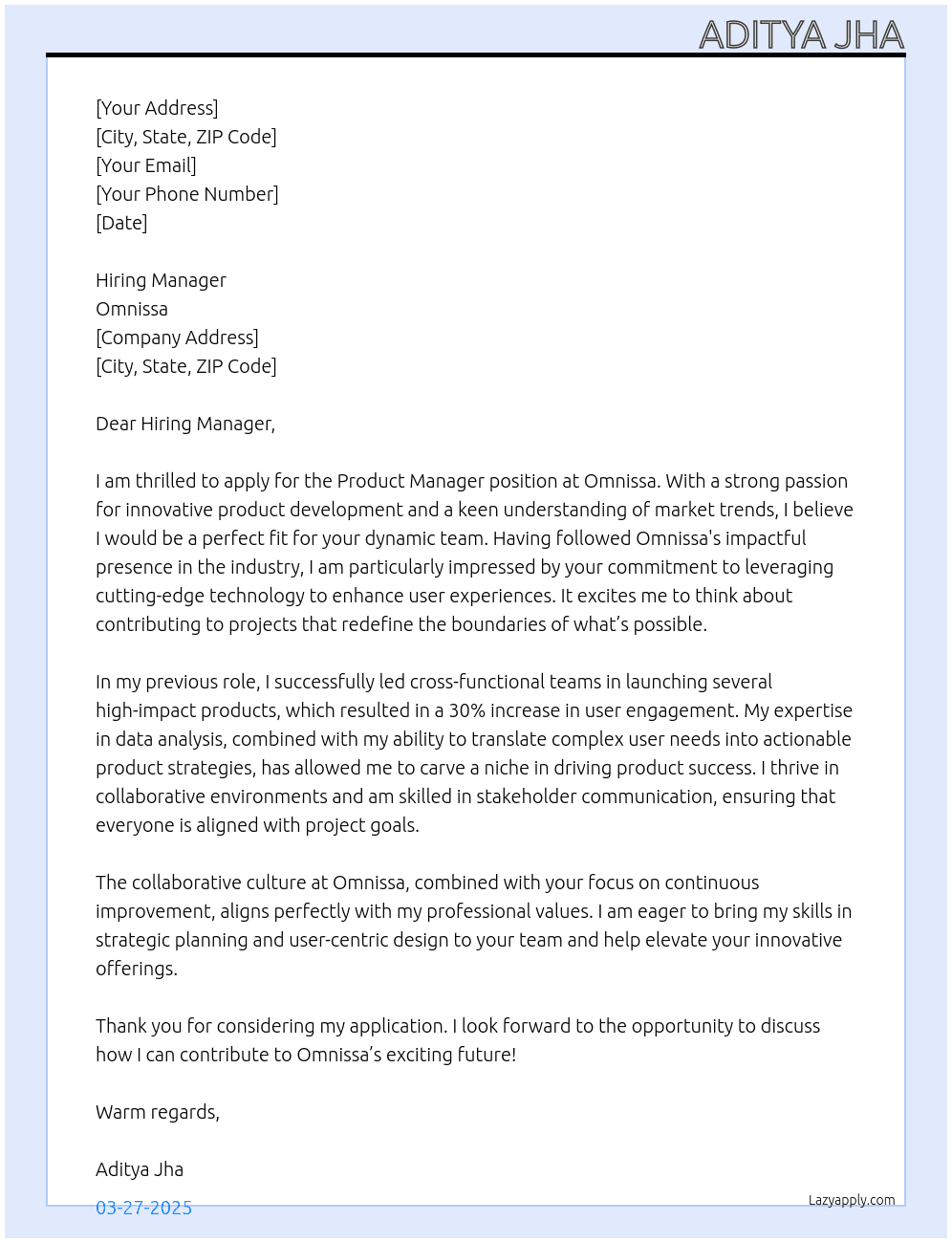 Product manager  At Omnissa Cover Letter