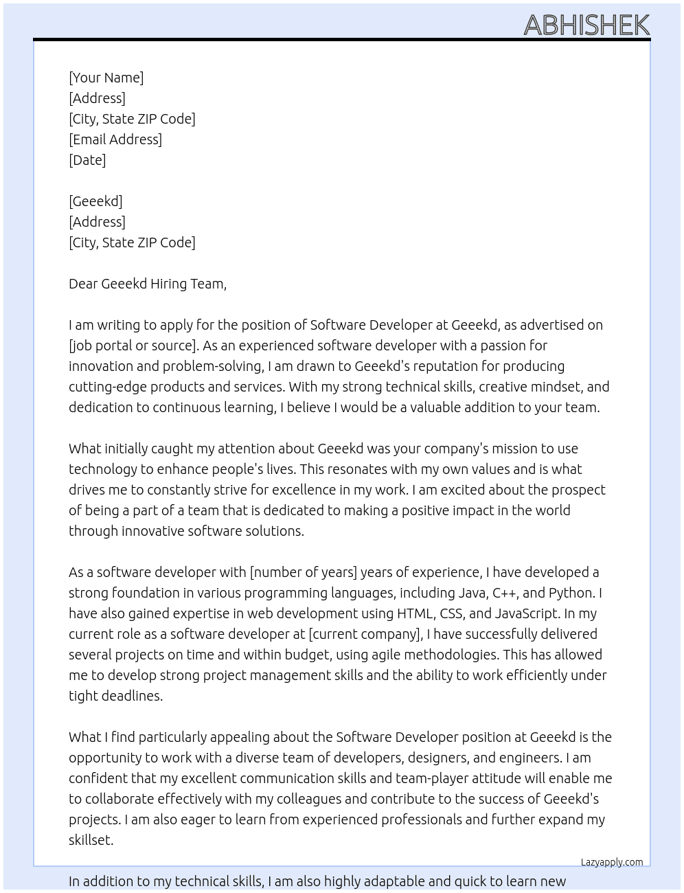 Software Developer At Geeekd Cover Letter