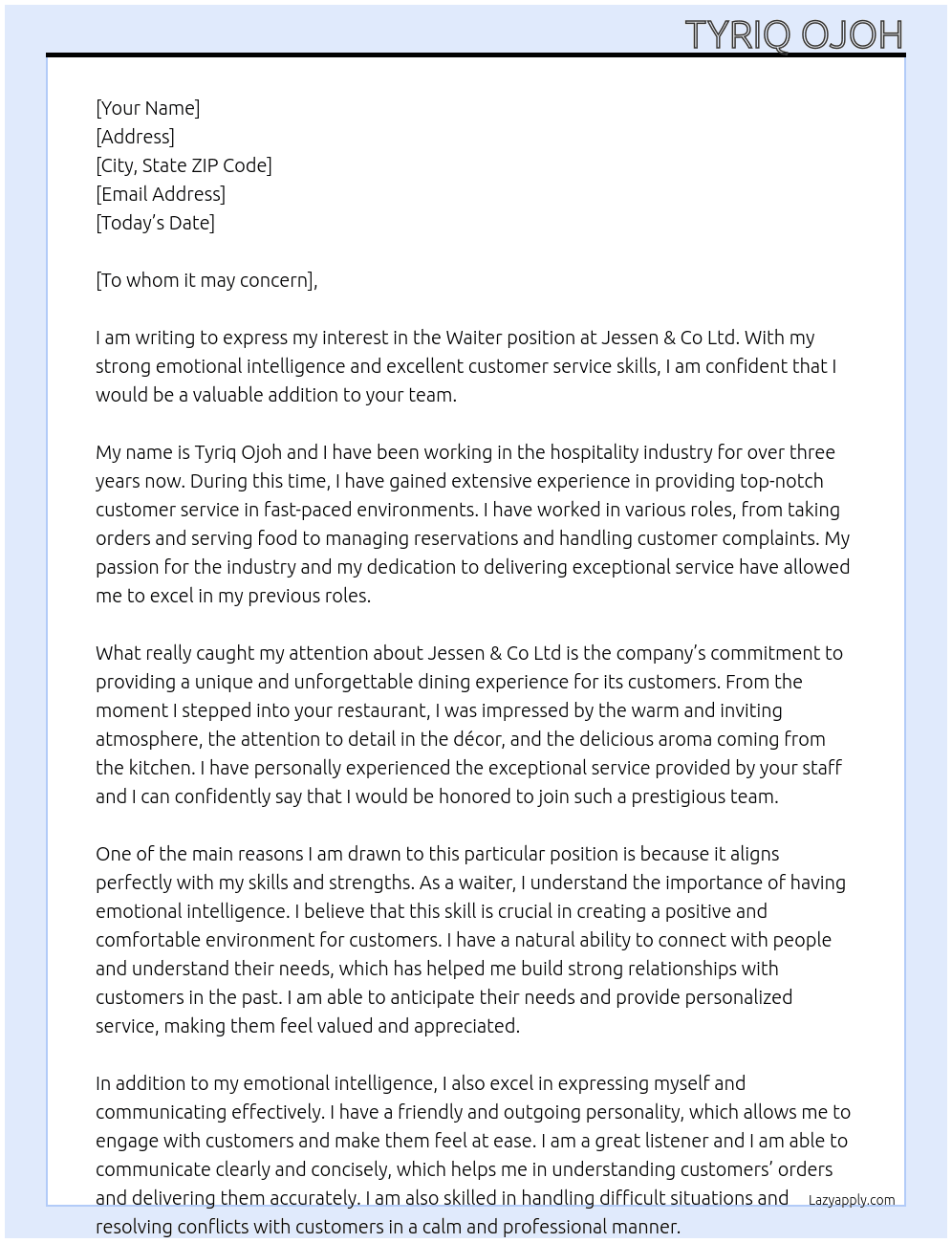Waiter At Jessen & Co Ltd Cover Letter