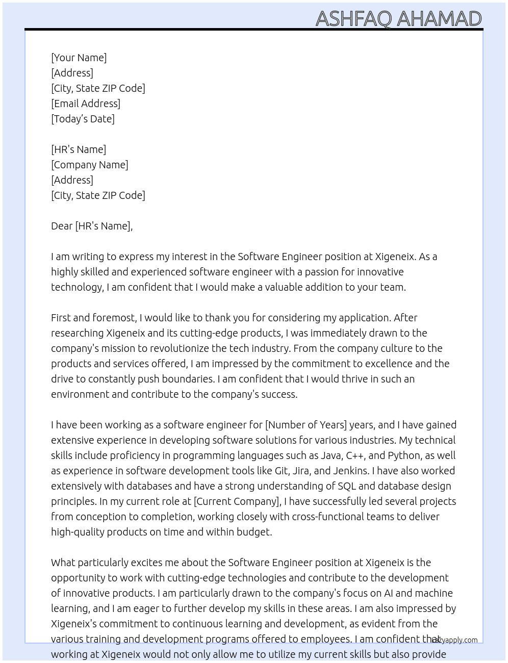 Software Engineer At xigeneix Cover Letter