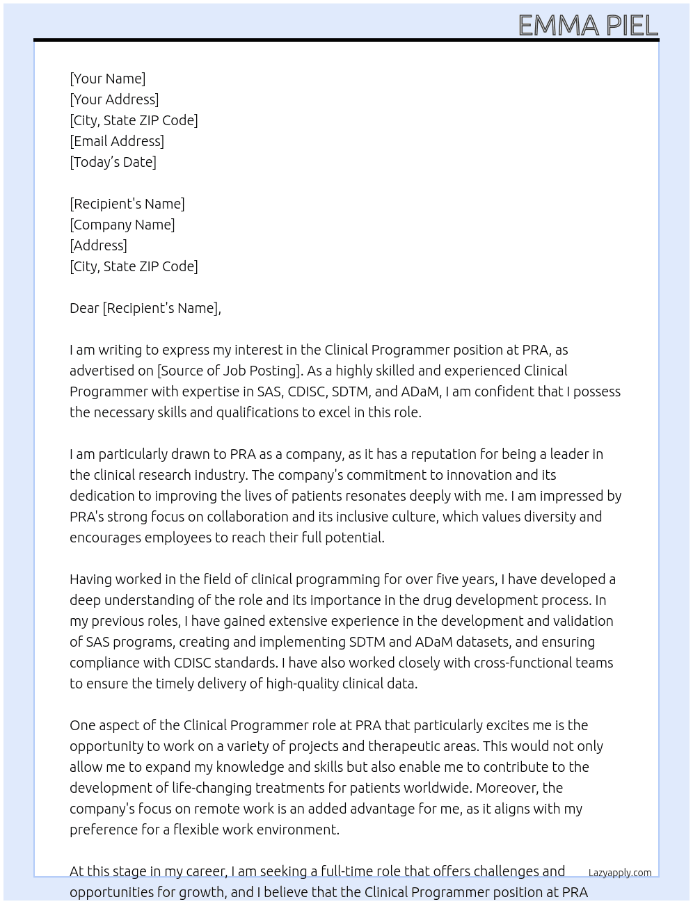 Clinical Programmer At PRA Cover Letter