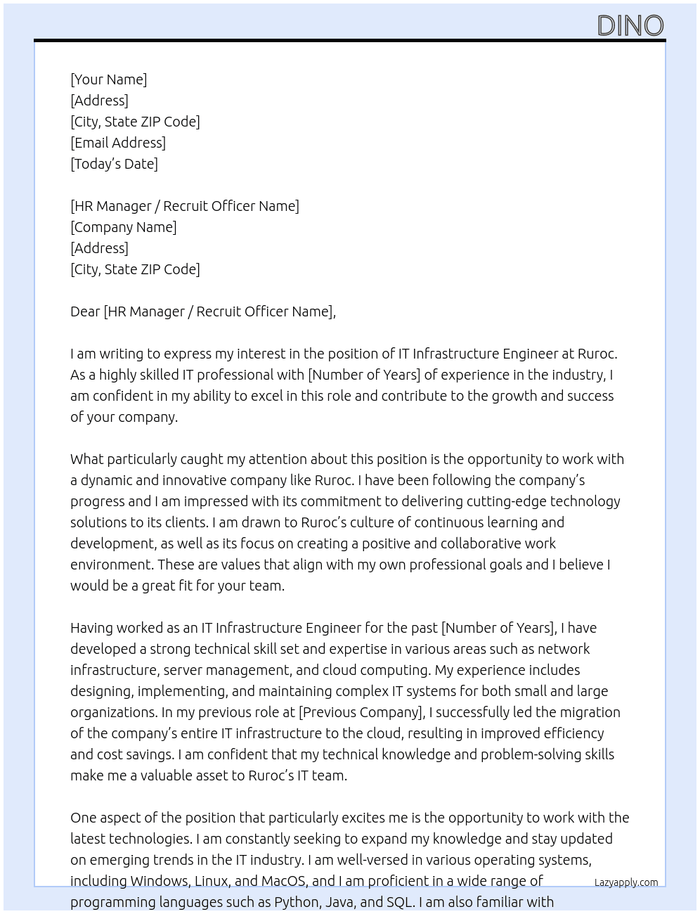 Cover letter for it infrastructure engineer - LazyApply