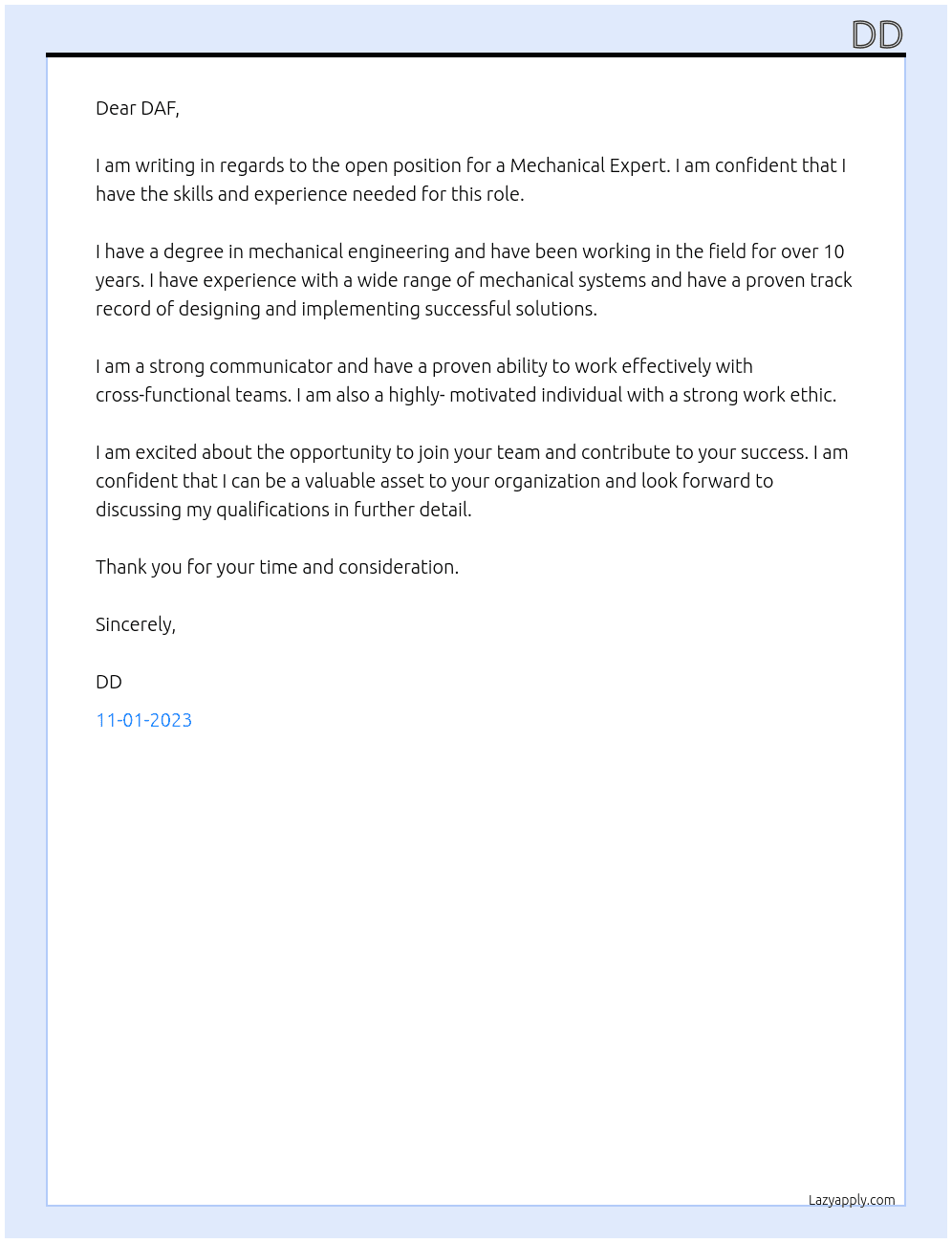 Mechanical Expert At DAF Cover Letter