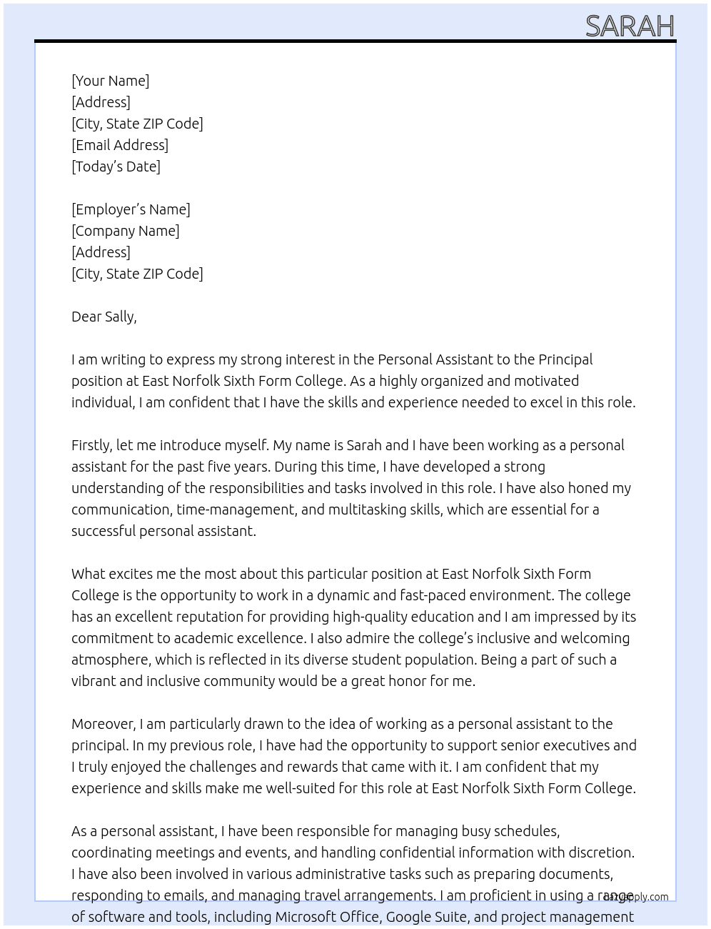 Personal assistant to the principle At East Norfolk Sixth Form College Cover Letter