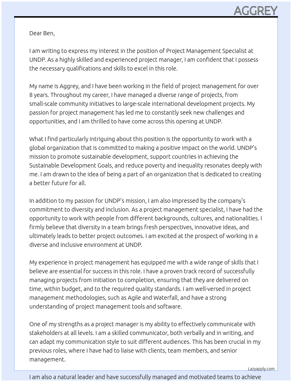 Project Management Specialist At undp Cover Letter
