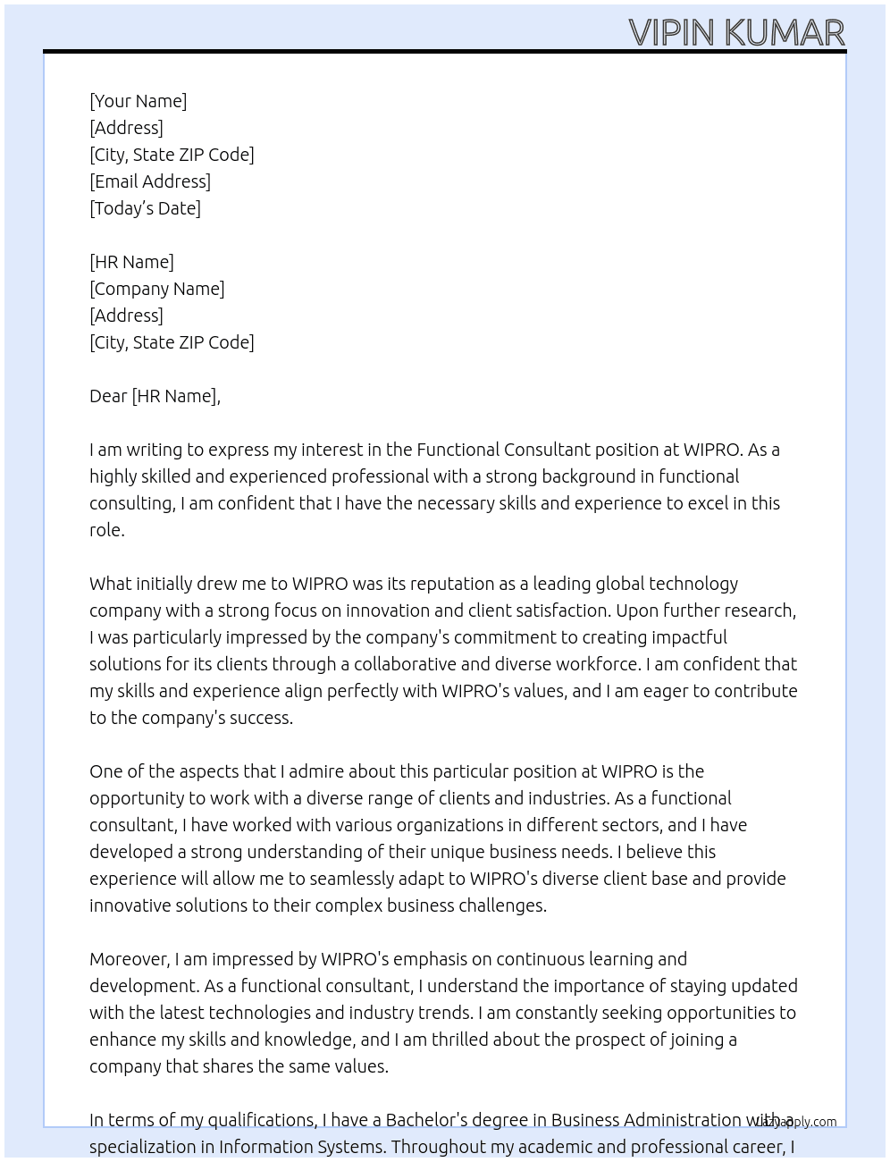 Functional Consultant At WIPRO Cover Letter