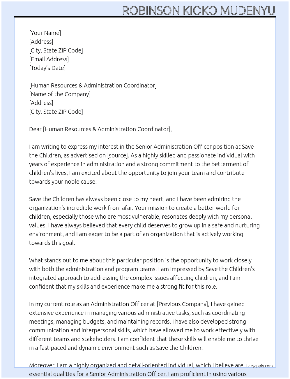 SENIOR ADMINISTRATION OFFICER At SAVE THE CHILDREN Cover Letter
