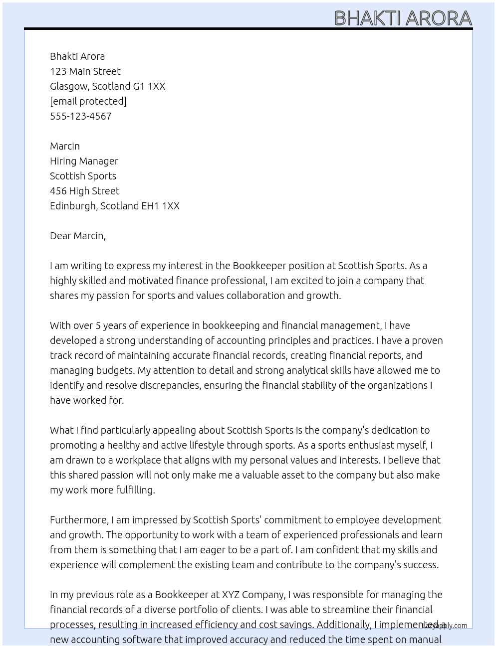 Bookkeeper  At Scottish sports  Cover Letter