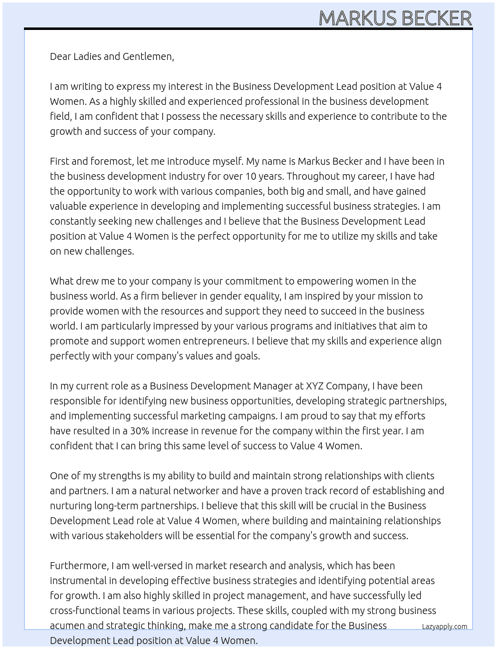 Business Development Lead At Value 4 Women Cover Letter