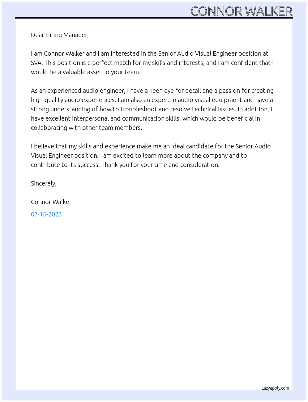 Senior Audio Visual Engineer At SVA Cover Letter