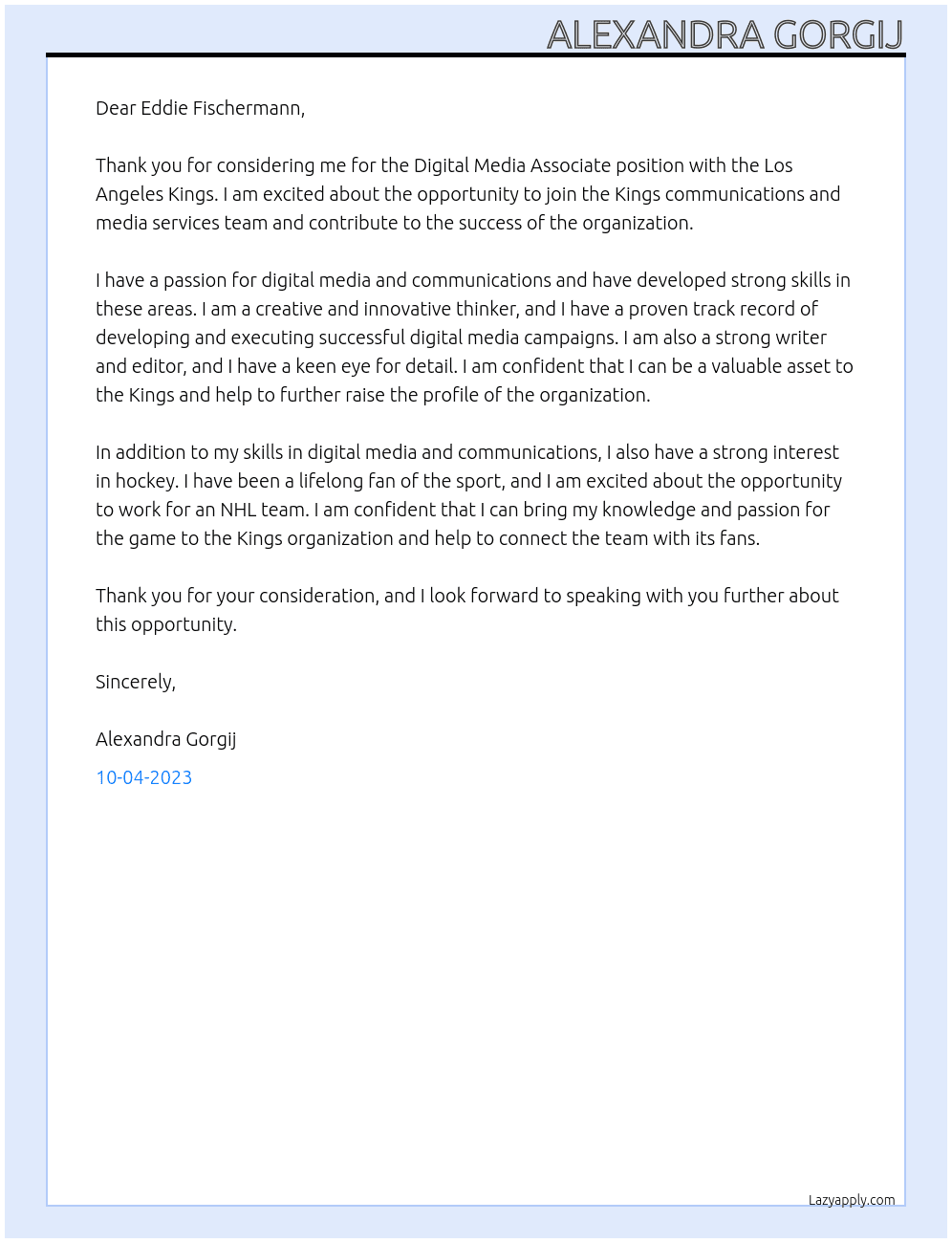 Digital Media Associate At Los Angeles Kings Cover Letter