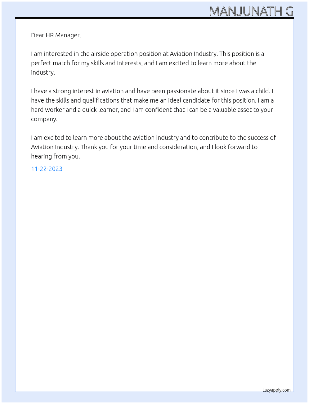 Airside operation At Aviation Industry Cover Letter