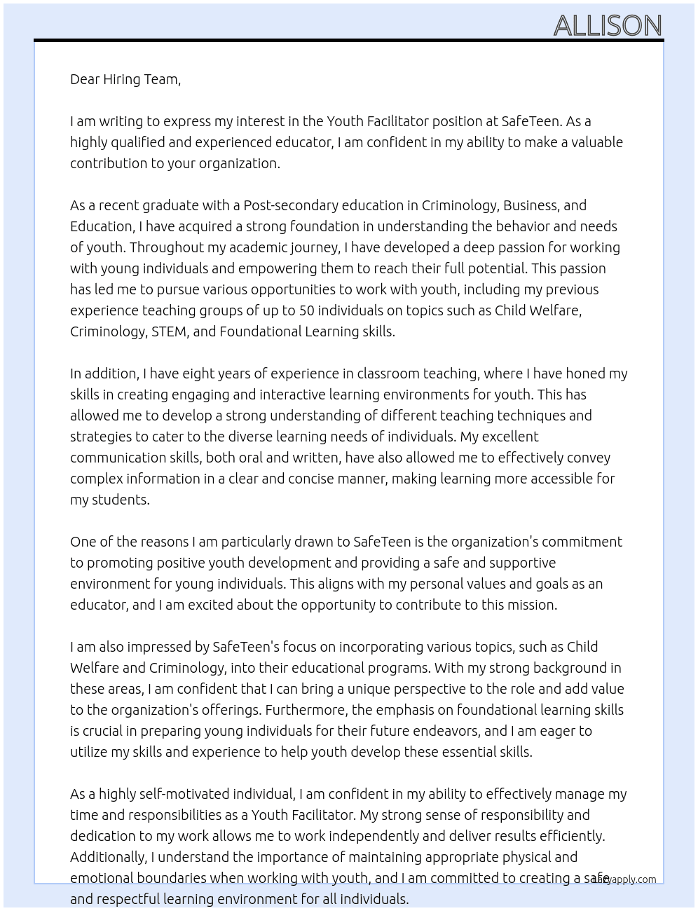 Youth Facilitator At SafeTeen Cover Letter