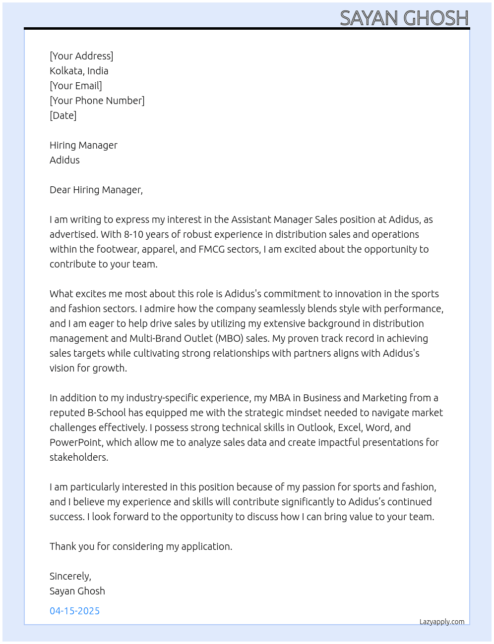 Assistant Manager Sales  At Adidus Cover Letter