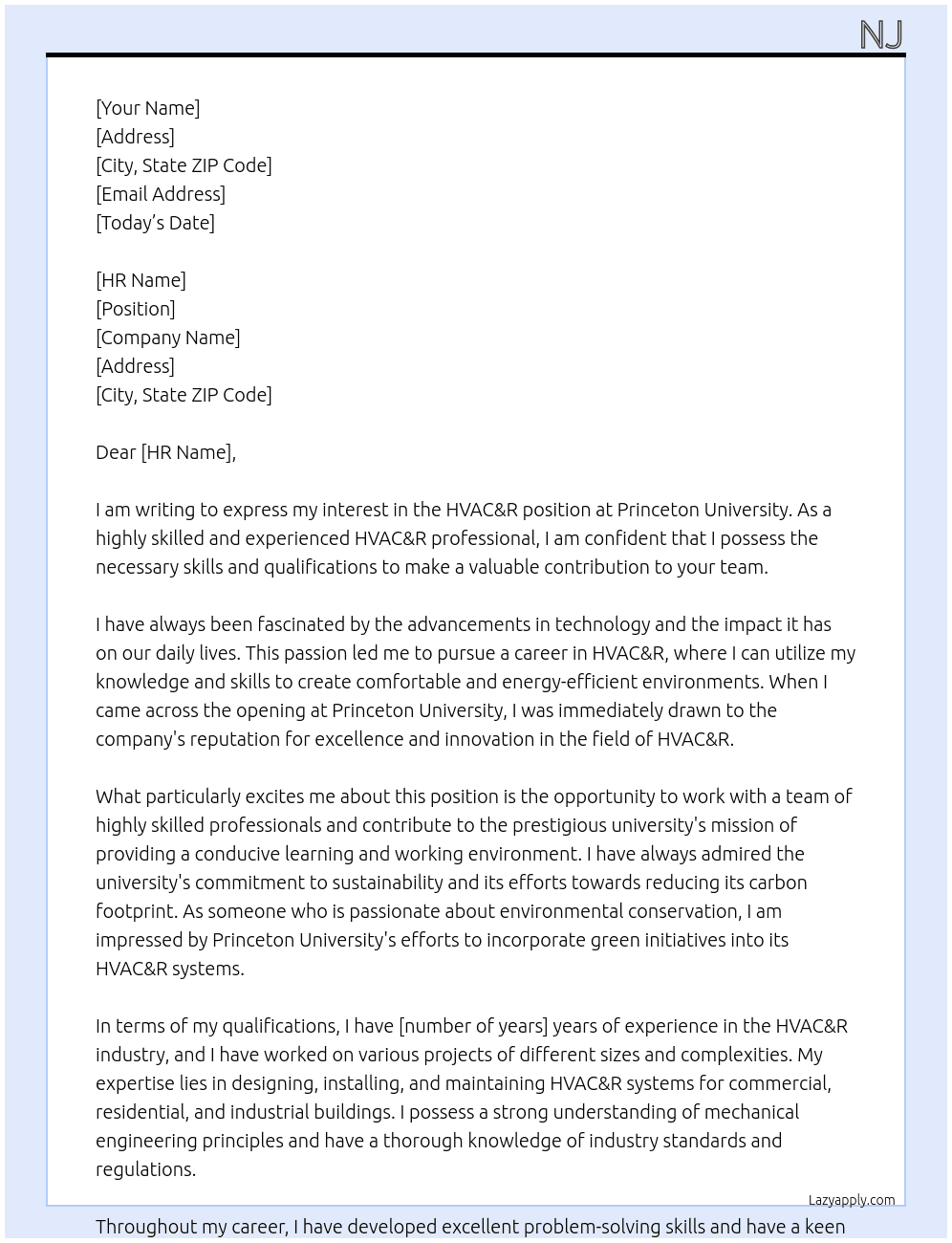 HVAC&R At Princeton University  Cover Letter