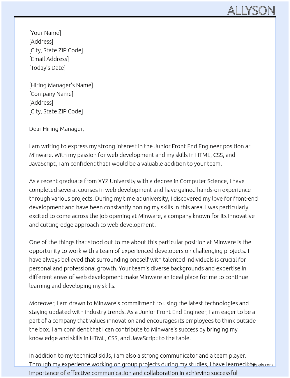 Junior Front End Engineer At minware Cover Letter