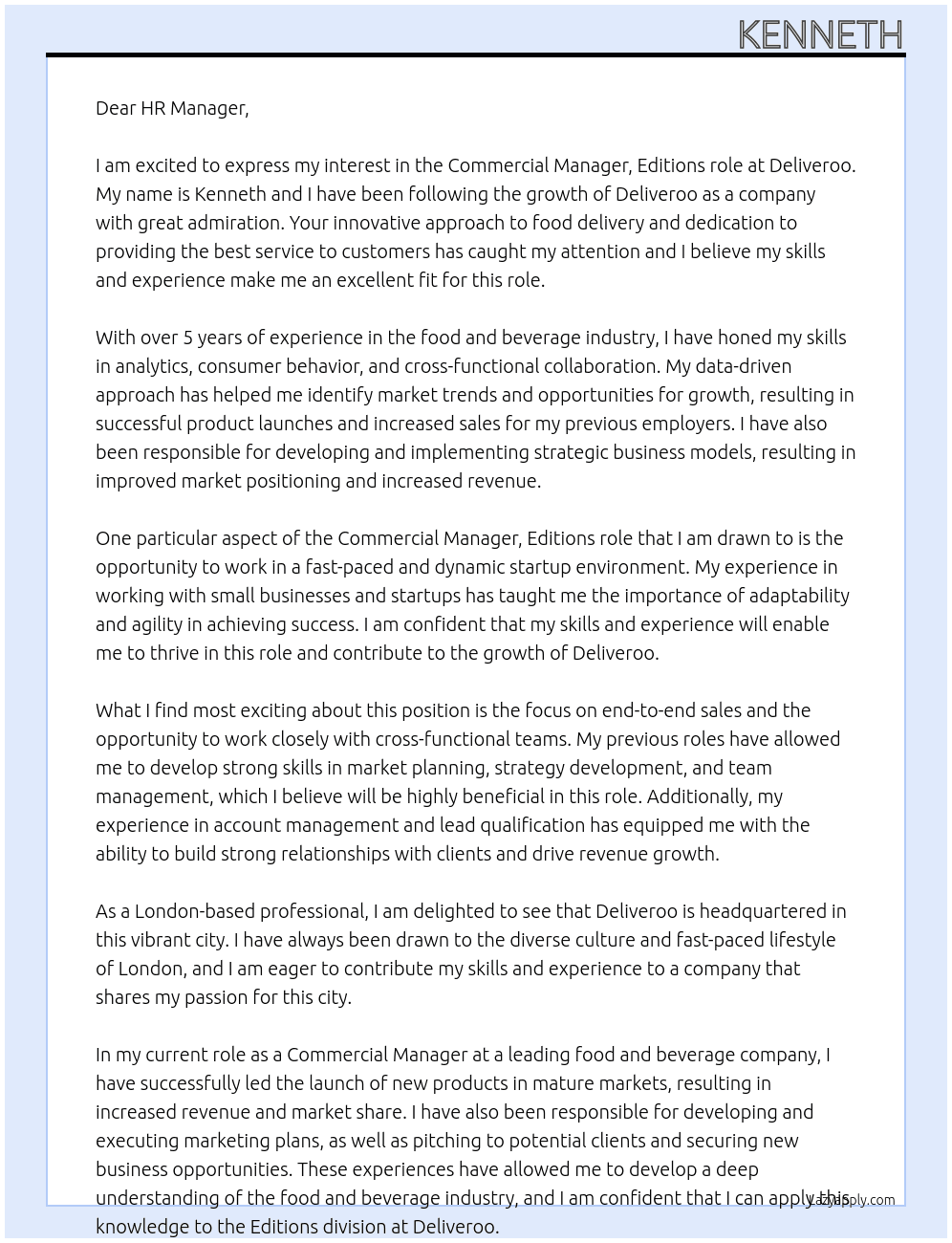 Commercial Manager, Editions At Deliveroo Cover Letter