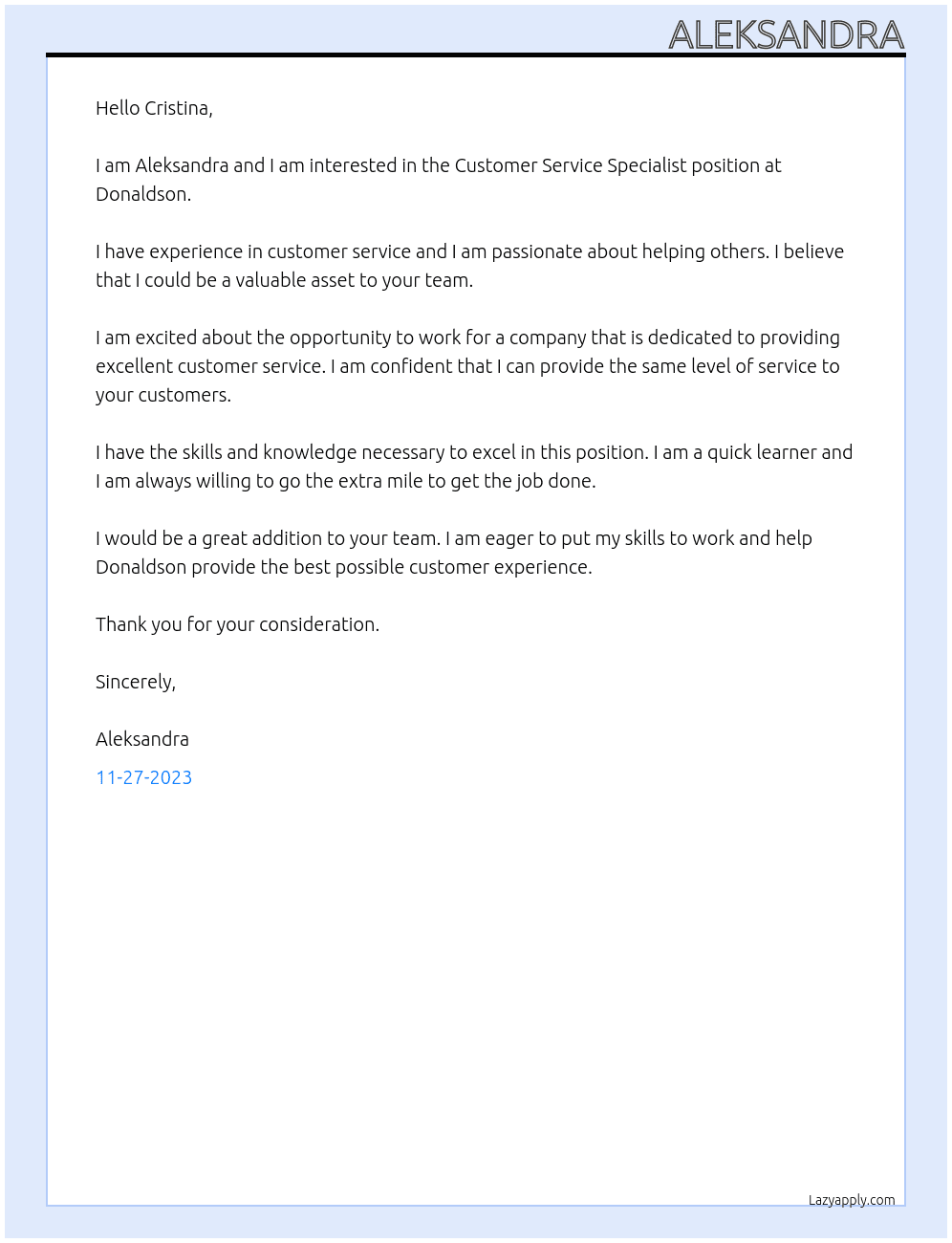 Customer Service Specialist At Donaldson Cover Letter