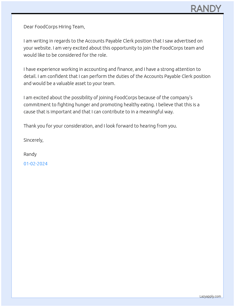Accounts Payable Clerk At FoodCorps Cover Letter