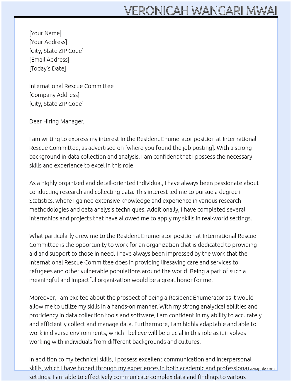RESIDENT ENIMERATOR At RESIDENT ENIMERATOR Cover Letter