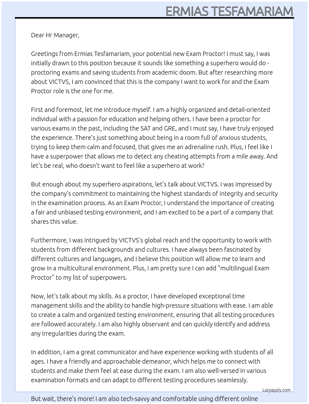 Exam Proctor At VICTVS Cover Letter