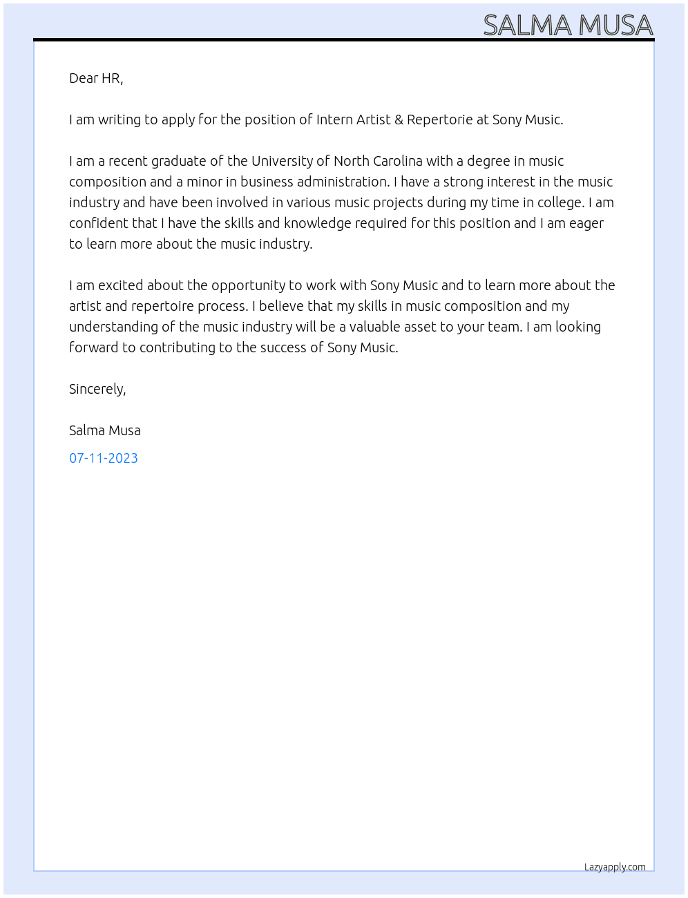 Intern Artist & Repertorie At Sony Music Cover Letter