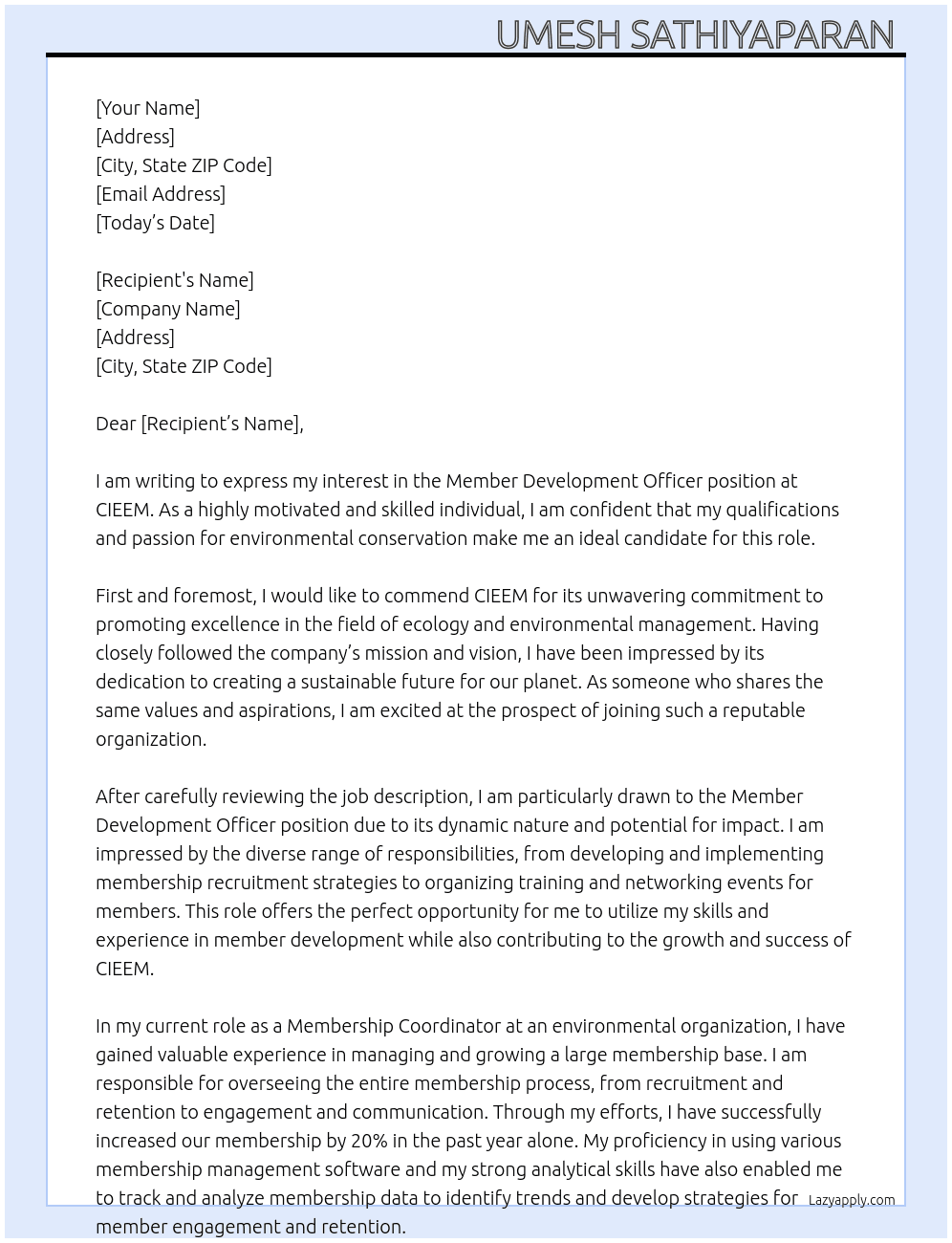 Member development officer  At CIEEM Cover Letter