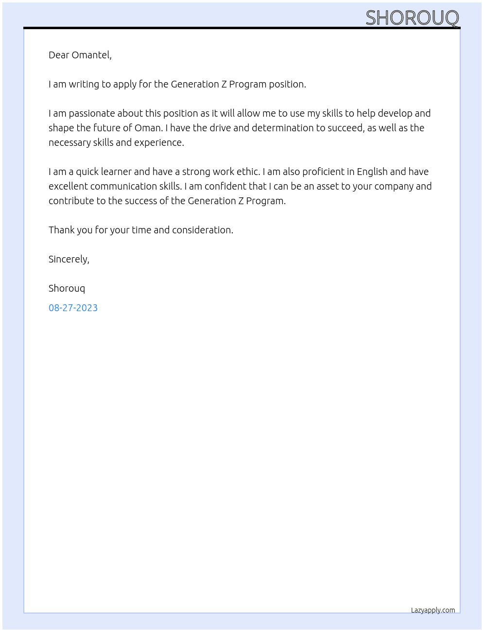 Generation Z Program At Omantel Cover Letter