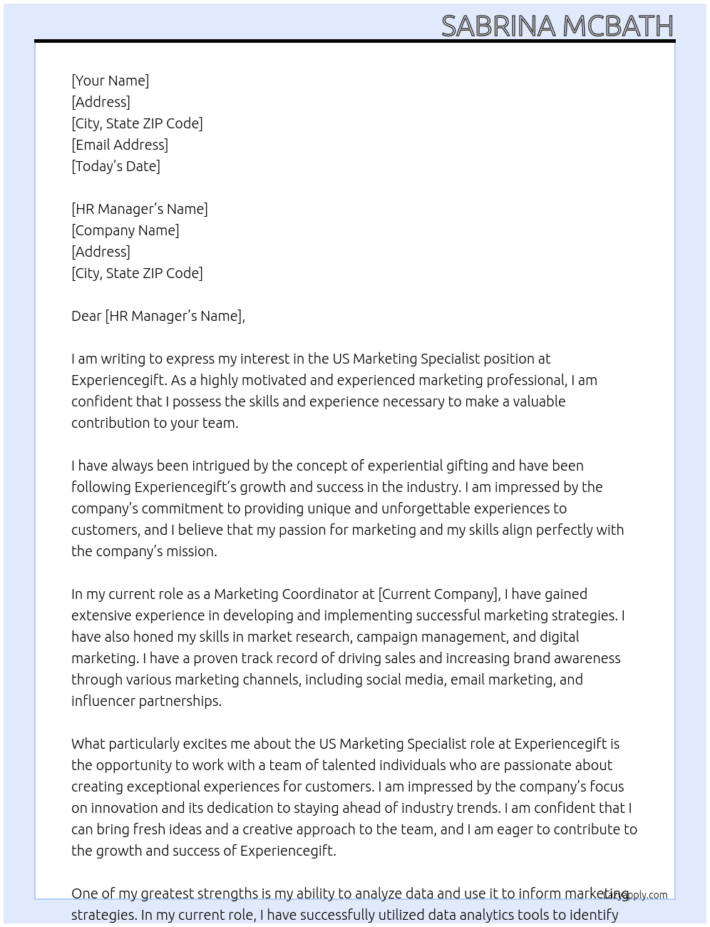US Marketing Specialist At Experiencegift Cover Letter