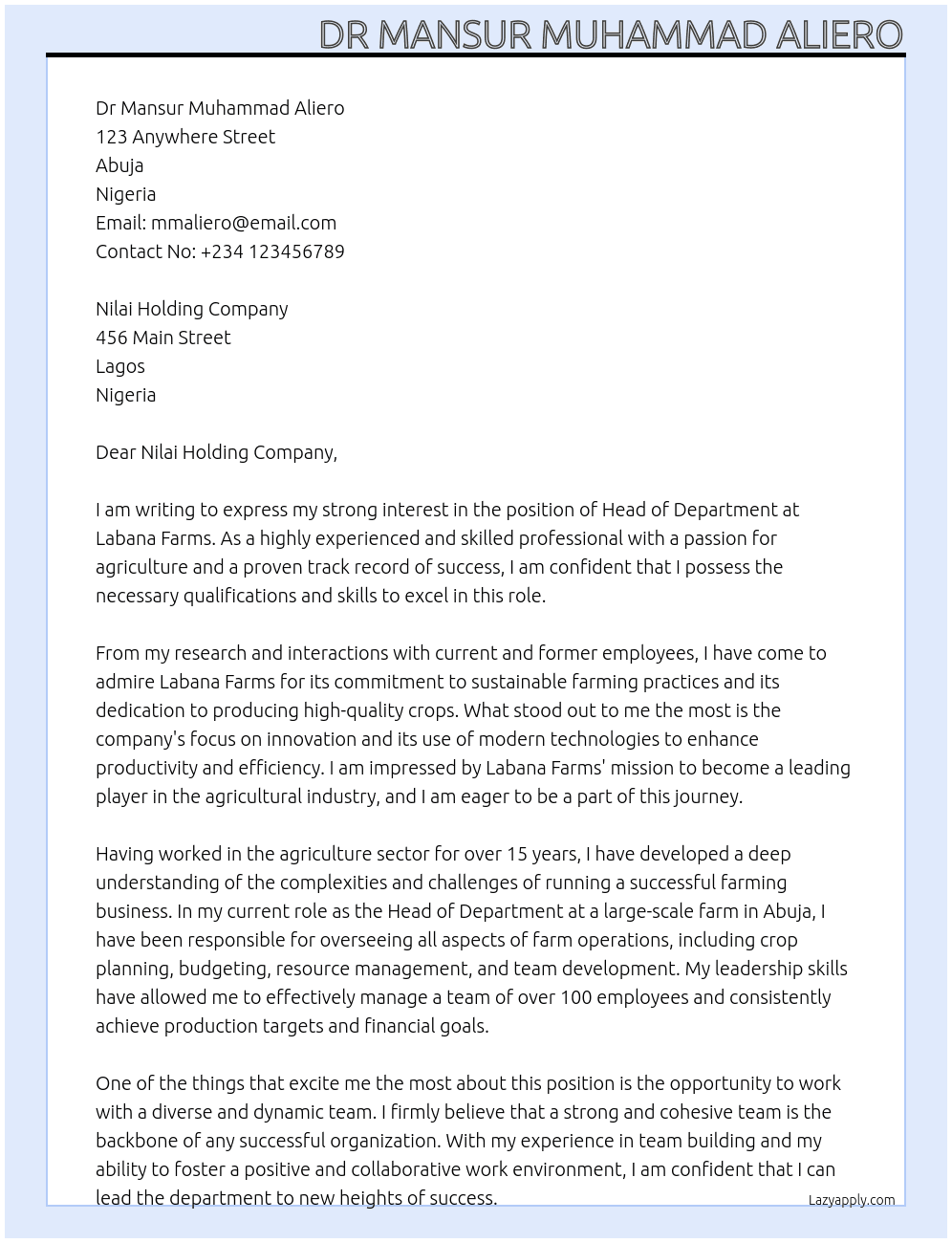 Head of Department  At Labana Farms  Cover Letter