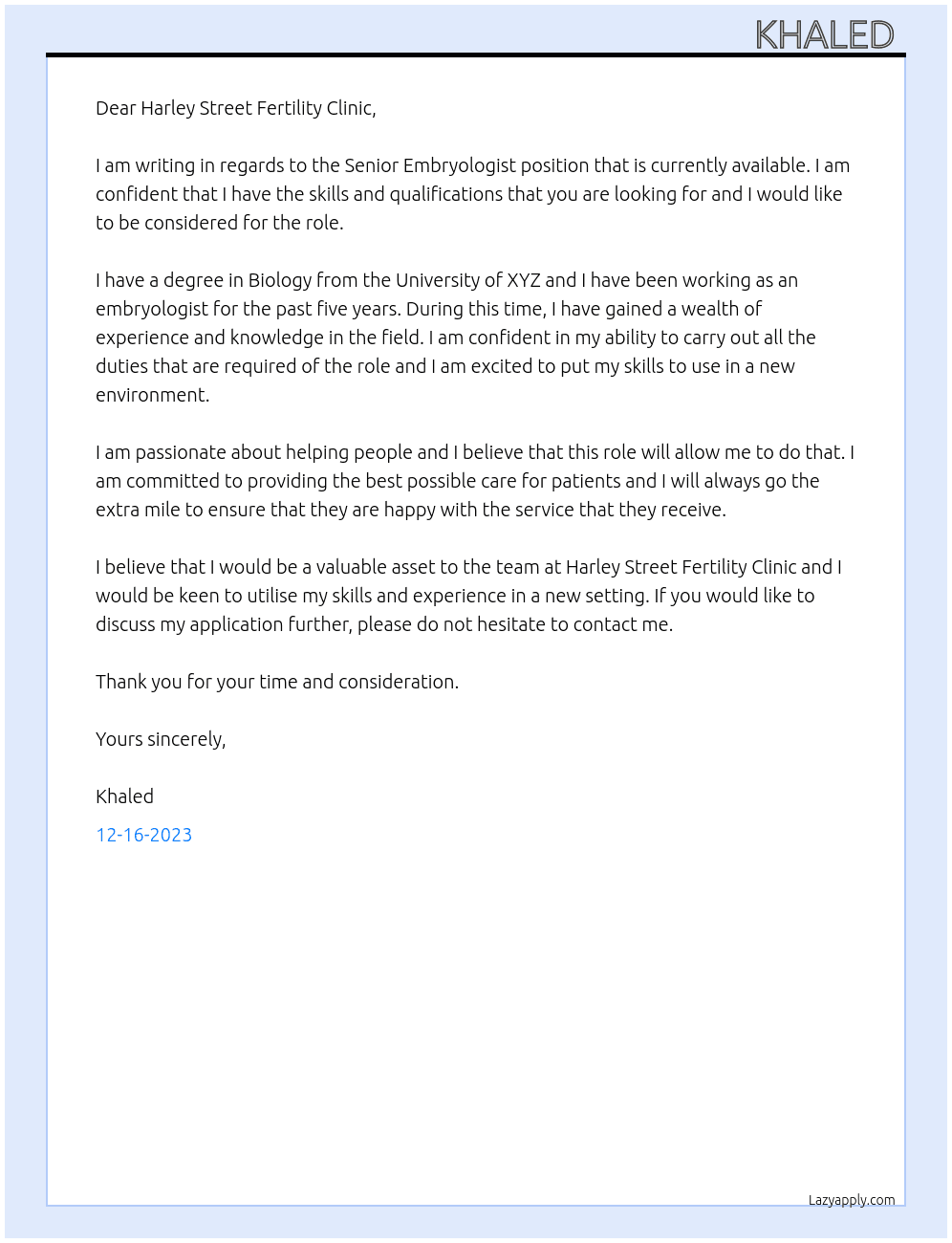 Senior embryologist  At Harley Street Fertility Clinic  Cover Letter