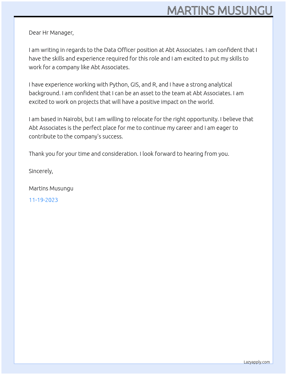 Data Officer At Abt Associates Cover Letter