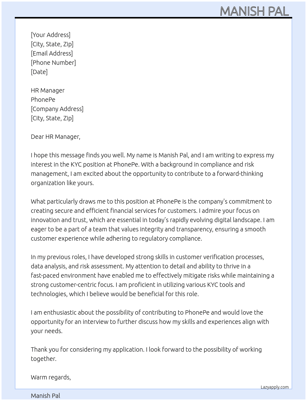Cover letter for kyc - LazyApply
