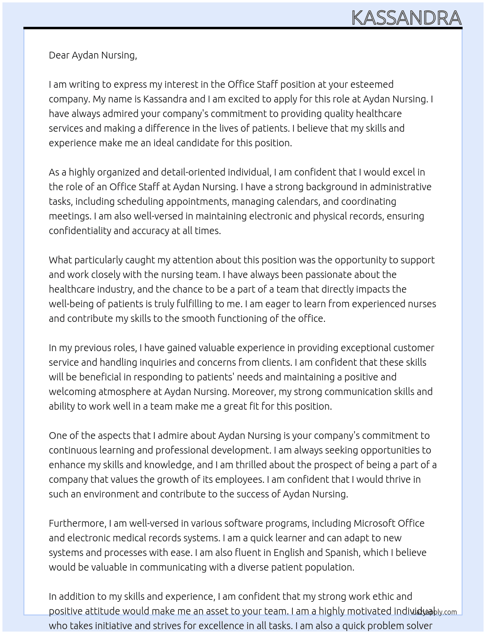 Office Staff At Aydan Nursing  Cover Letter