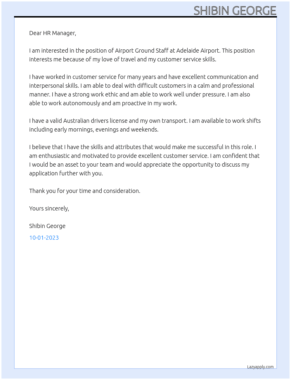 Airport Ground Staff At Adelaide Airport  Cover Letter