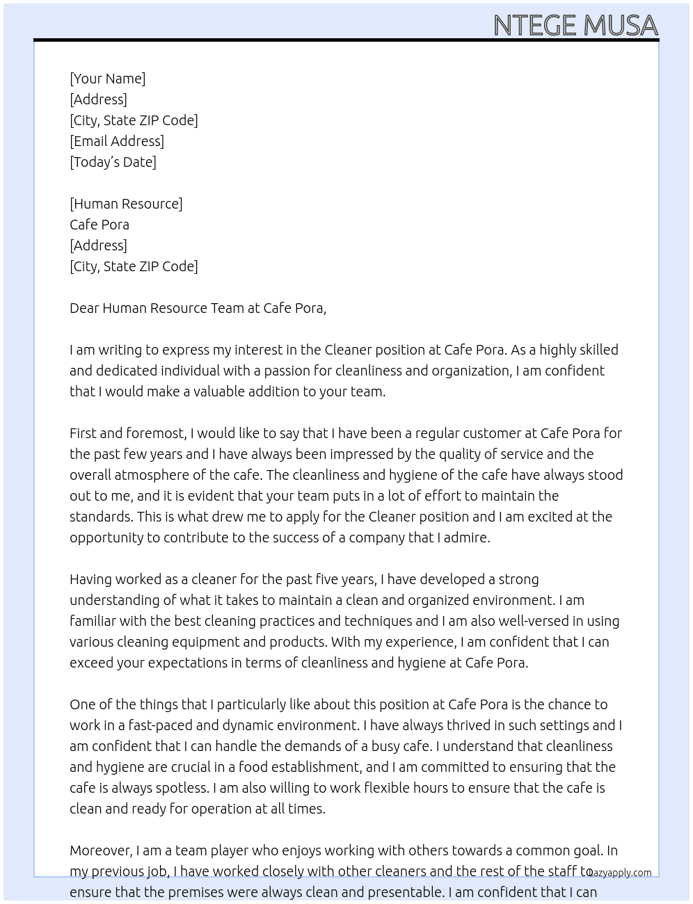 Cleaner  At Cafe pora  Cover Letter