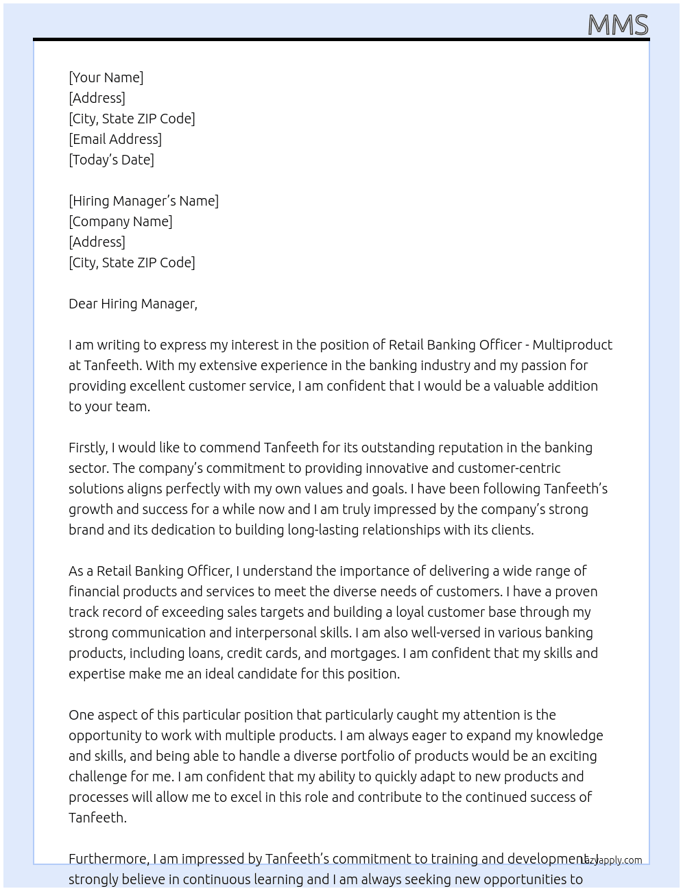 Retail Banking Officer - Multiproduct At Tanfeeth Cover Letter