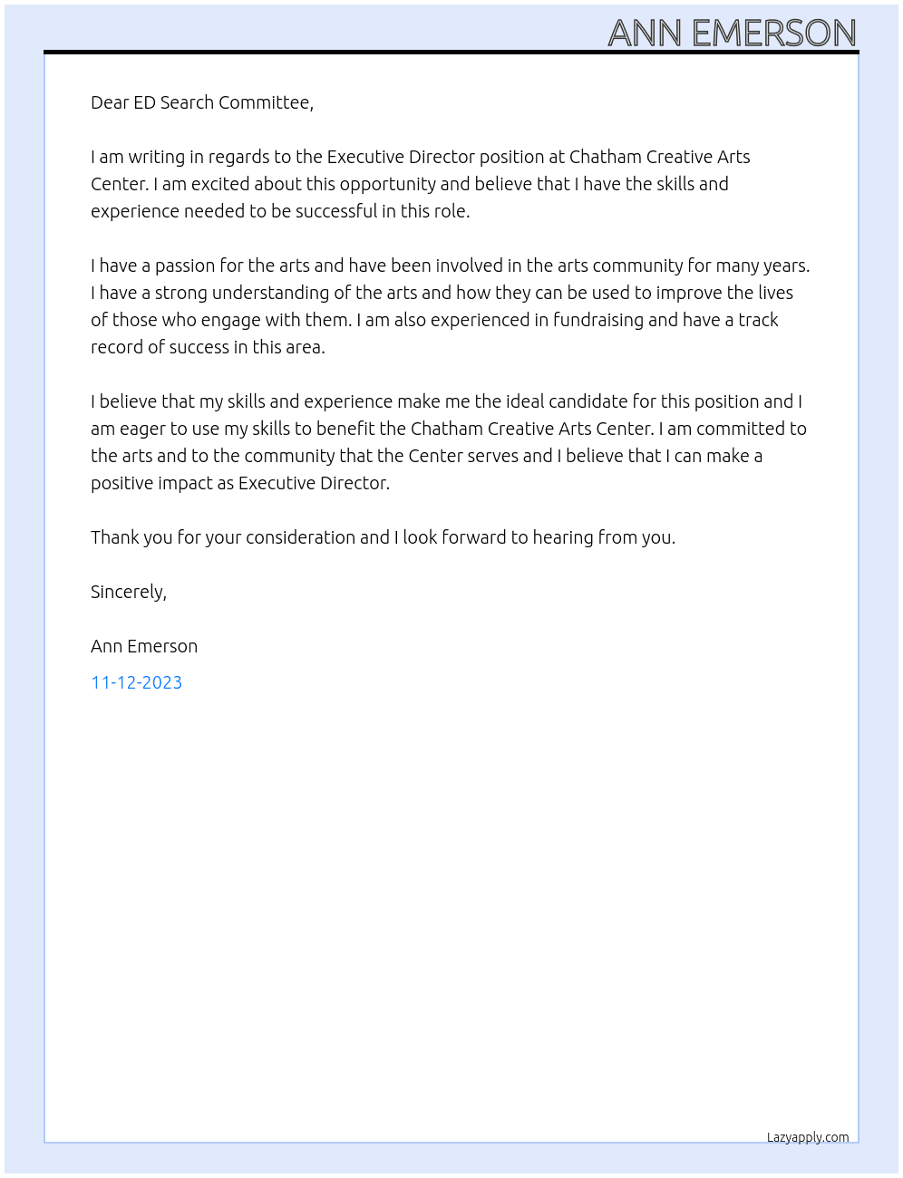 Executive Director At Chatham Creative Arts Center Cover Letter