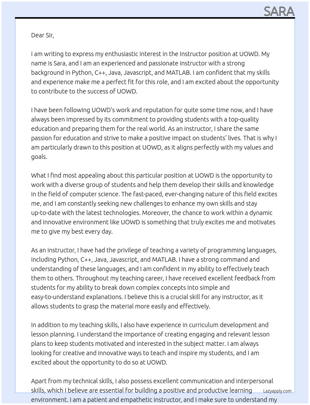 Instructor At UOWD Cover Letter