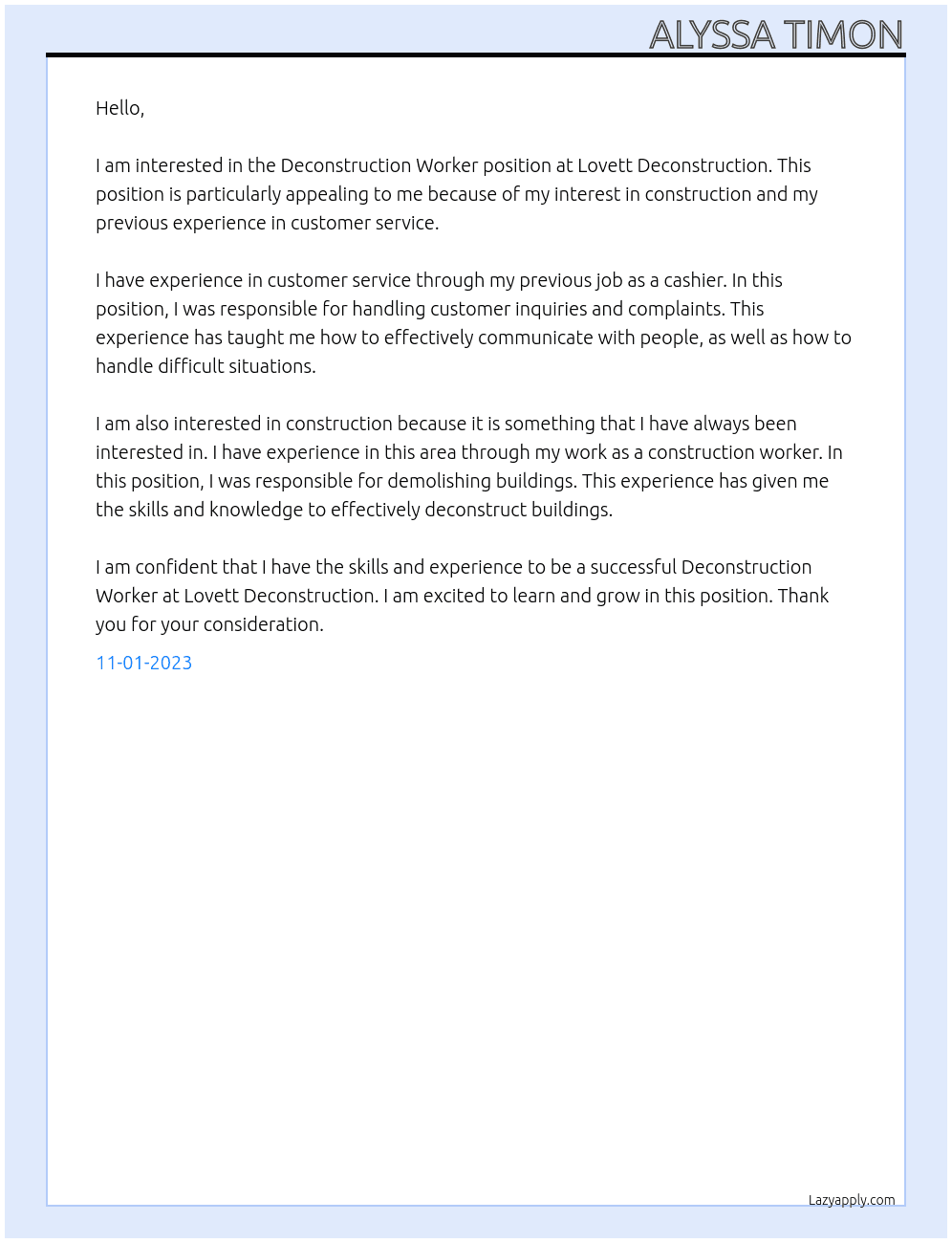 Deconstruction Worker At Lovett Deconstruction  Cover Letter